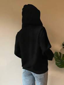 SHEIN EZwear Women's Black Knight Print Knitted Hooded Sweatshirt Sweatshirt In Fall/Winter - Black - View 2