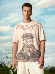 SHEIN Touch of Art Men's Letter & Figure Graphic Round Neck Short Sleeve T-Shirt - Khaki - View 1