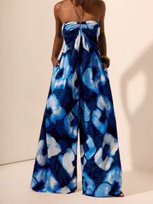 Zivah 2025 春夏新品 音乐节、复活节、圣帕特里克节、西部风、游牧风、生日派对、毕业季、学院风、学生装、日常外出、基础百搭、休闲、度假、邮轮旅行、海滩、日光浴、网络爆红、街头服饰、婚礼宾客装、通勤 无袖彩色绳露肩蓝白扎染几何印花口袋连体裤 - 藍色 - 查看 6