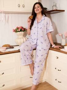 SHEIN Plus Size Bow Plaid Floral Romantic Print Sleepwear Set - Multicolor - View 6