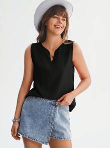 SHEIN LUNE Notched Neckline Sleeveless Blouse - Black - View 6
