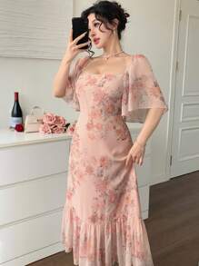 DAZY 女士碎花雪纺连衣裙，方领，荷叶边饰边，鱼尾裙摆，优雅夏季度假装扮，复活节女士 - 粉色 - 查看 9