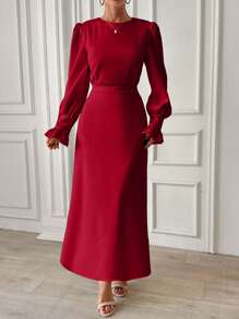 EURMUSE Frenchy Frill Sleeve Maxi Dress With Lining - Burgundy - View 3