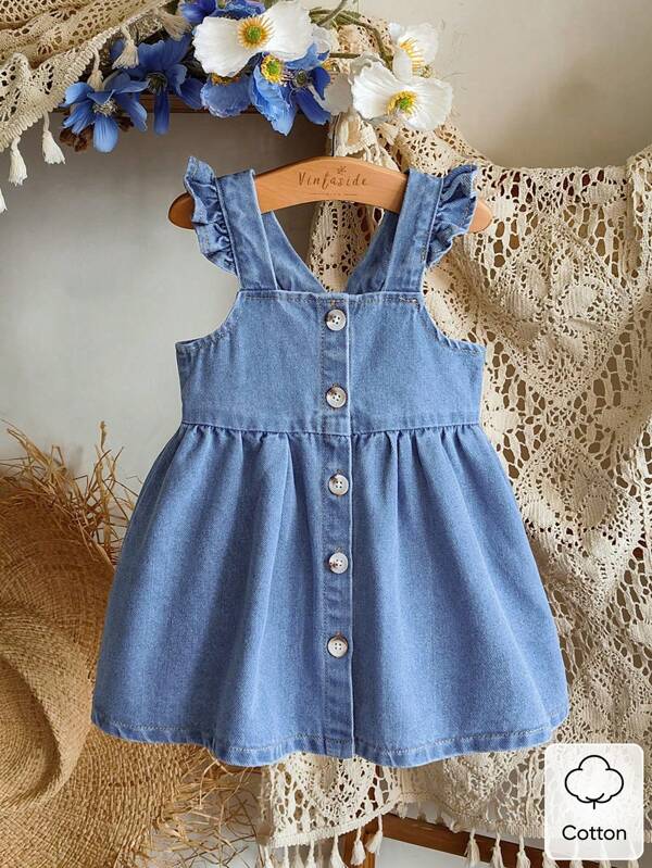 Vintaside Kids Babygirls' Denim Suspender Dress, Minimalist Style No Pattern, Relaxed Fit, Suitable For Outdoor Play And Comfortable Home Wear, Creating A Sweet And Adorable Baby Outfit For Summer