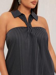 SHEIN SXY Plus Size Women's Sleeveless Black Striped Casual Blouse,Black And White,Summer,Elegant,Night Out Club Office Siren Retro Chic Flatter The Figure - Multicolor - View 6