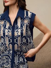 Anewsta Elegant "Old Money" Style Detailed Embroidered Lace Set, Summer - Blue - View 4