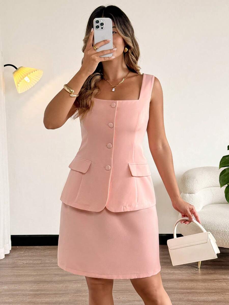 Celure Große Größen Damen Französisch elegantes lässiges sexy Büro romantischer Urlaub einfarbiges Quadrat Ausschnitt offene Vorderseite dekorative Tasche passende 2 in 1 Trägerhemd Mini Kleid für Frühling & Sommer