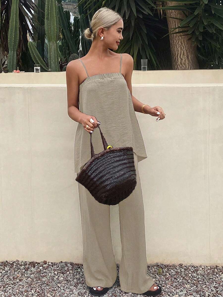 DAZY 女士休闲两件套纯色夏季度假装 - 卡其色 - 查看 1