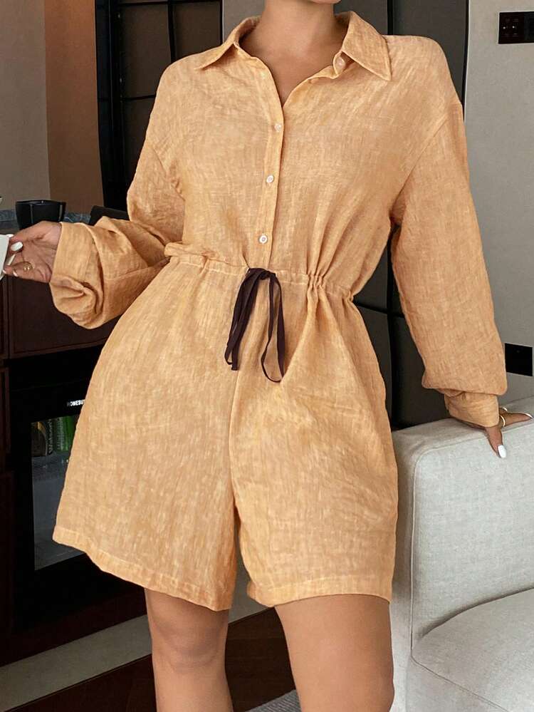 Women's Simple Solid Color Textured Jumpsuit Loungewear, Fall Pajama