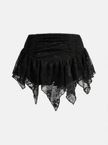 Sweetina 不对称下摆抽绳腰部褶饰蕾丝迷你裙