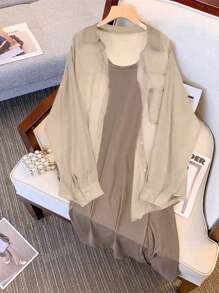 SHEIN LUNE 2 Pieces Set: Plus Size Casual Chiffon Outer Shirt And Knit Camisole Dress - Brown - View 5