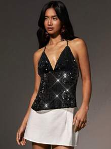 Athîral Women's Sexy Sequin Backless Halter Top, Summer - Black - View 5
