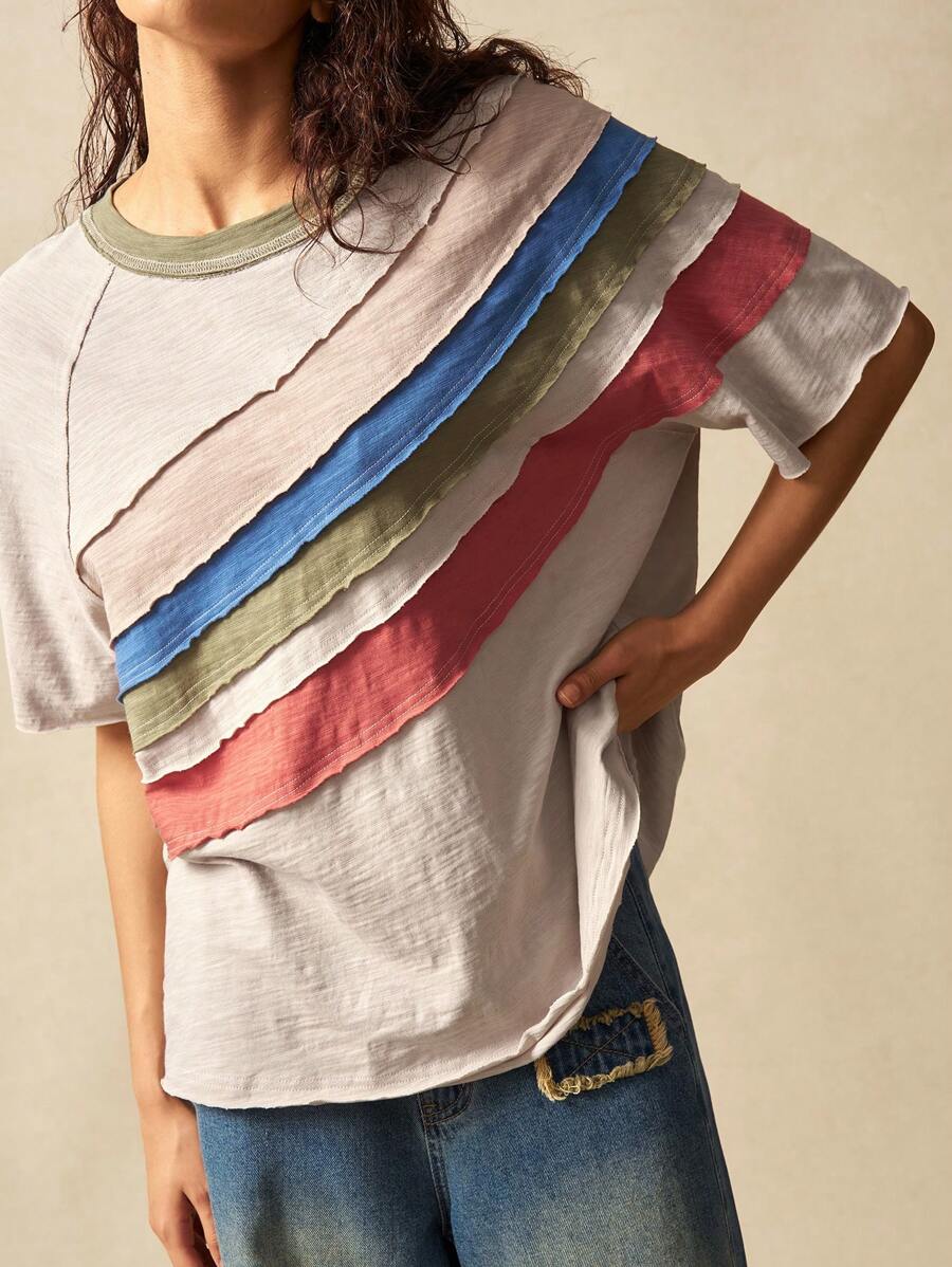 Bohemela Lässiges Colorblock-Rundhals-Raglan-Kurzarm-T-Shirt für Damen