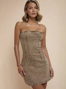 COSMINA 女士休闲百搭牛仔紧身连衣裙 - 咖啡棕 - 查看 1