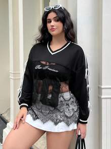 SHEIN EZwear 返校季秋季、音乐会、女士商务休闲、夜间外出生日、科技风、图案印花、蕾丝拼接、长袖圆领、黑白丝带、蝴蝶结装饰、黑色、大码卫衣