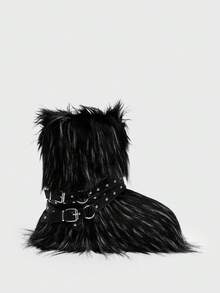 Sugerpunk 新款厚底雪地靴，毛皮衬里铆钉系带踝靴，修身深色哥特风格 - 黑色 - 查看 8