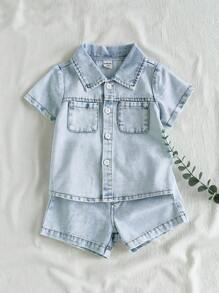 SHEIN Vintaside Kids 男宝宝夏季翻领短袖时尚百搭水洗牛仔衬衫搭配休闲简约水洗牛仔短裤两件套 - 淺色水洗藍 - 查看 3