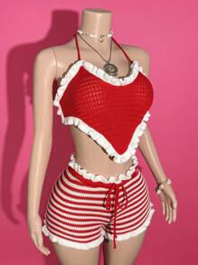 Slaydiva Women's Summer Red And White Stripe 2-Piece Knitted Set,Heart Shape Pendant Halter Top & Plaid Shorts,Casual Beach Vacation,Holiday Music Festival - Red - View 4