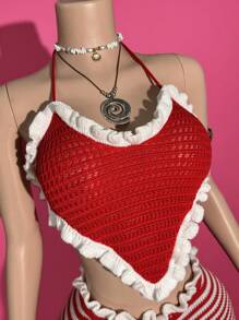 Slaydiva Women's Summer Red And White Stripe 2-Piece Knitted Set,Heart Shape Pendant Halter Top & Plaid Shorts,Casual Beach Vacation,Holiday Music Festival - Red - View 6