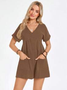 SHEIN Clasi Naszyty kombinezon z kieszeniami w kształcie skrzydła nietoperza - Brązowy - Zobacz 5