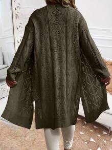Calvaya 大码女式单排扣休闲纹理中长款开衫 - 墨綠色 - 查看 2