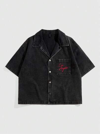 Street Life Camisa casual de manga corta de mezclilla para hombres con eslogan y gráfico de retrato, para el verano