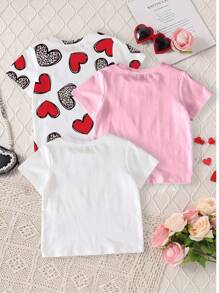 GraphicGems Set de 3 camisetas de cuello redondo de manga corta con estampados de leopardo, arcoíris y corazón, adecuado para el verano, para niñas
