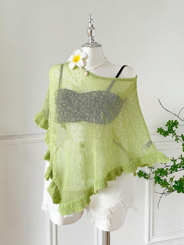 SHEIN EZwear Plus Size Women's Green Ruffled Hem Semi-Sheer Casual Crocheted Poncho