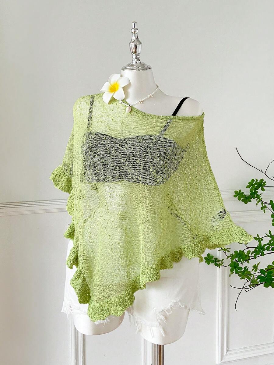 Comfortcana 大码女式绿色荷叶边下摆半透明休闲钩针斗篷 - 薄荷綠 - 查看 1