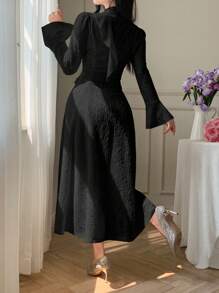 DAZY Women's Solid Color Lace-Up Waist Maxi Chiffon Dress With Flare Sleeves, Elegant For Spring, Summer And Autumn - Black - View 2