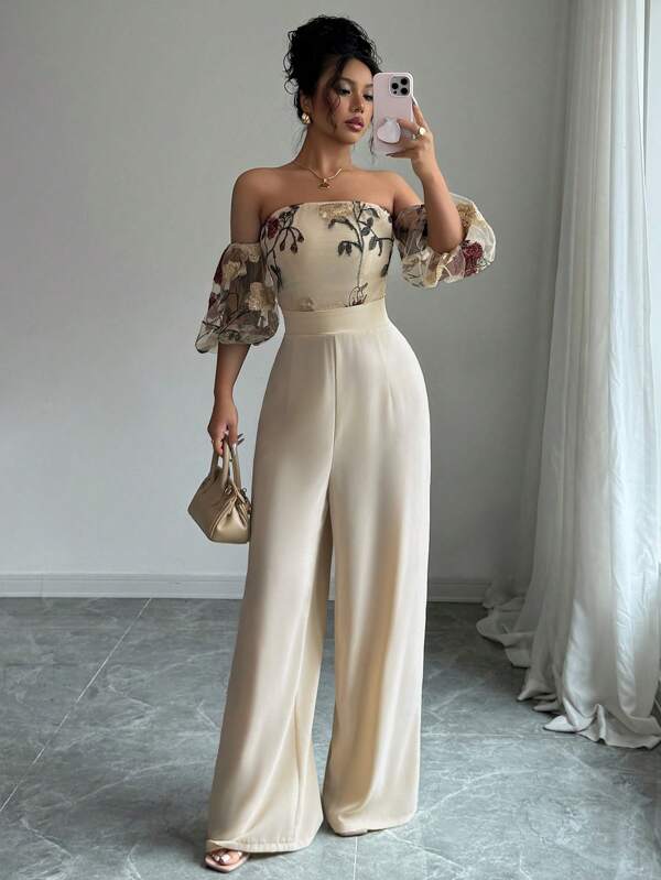 Rafferiza Salopetă elegantă la modă pentru femei, cu umeri goi, brodată, din plasă