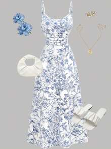 Girlism Rochie maxi Tenn Gir's albastră, cu imprimeu floral, fără mâneci, și talie lejeră, ținută casual de vară pentru vacanță, ținută pentru întoarcerea la școală, drăguță pentru picnic de primăvară în aer liber în familie, ținută de zi cu zi, potrivită pentru diverse ocazii precum vacanțe, festivaluri de muzică, stil boho, întâlniri de sărbători, ceai de după-amiază