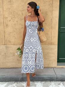 SHEIN Frenchy 度假休闲全印花高开衩吊带背心连衣裙 - 藍色 - 查看 5