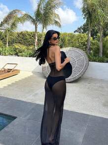 Bonvoyette 女式夏季海滩度假黑色网眼细肩带露背开衩性感连衣裙泳衣罩衫