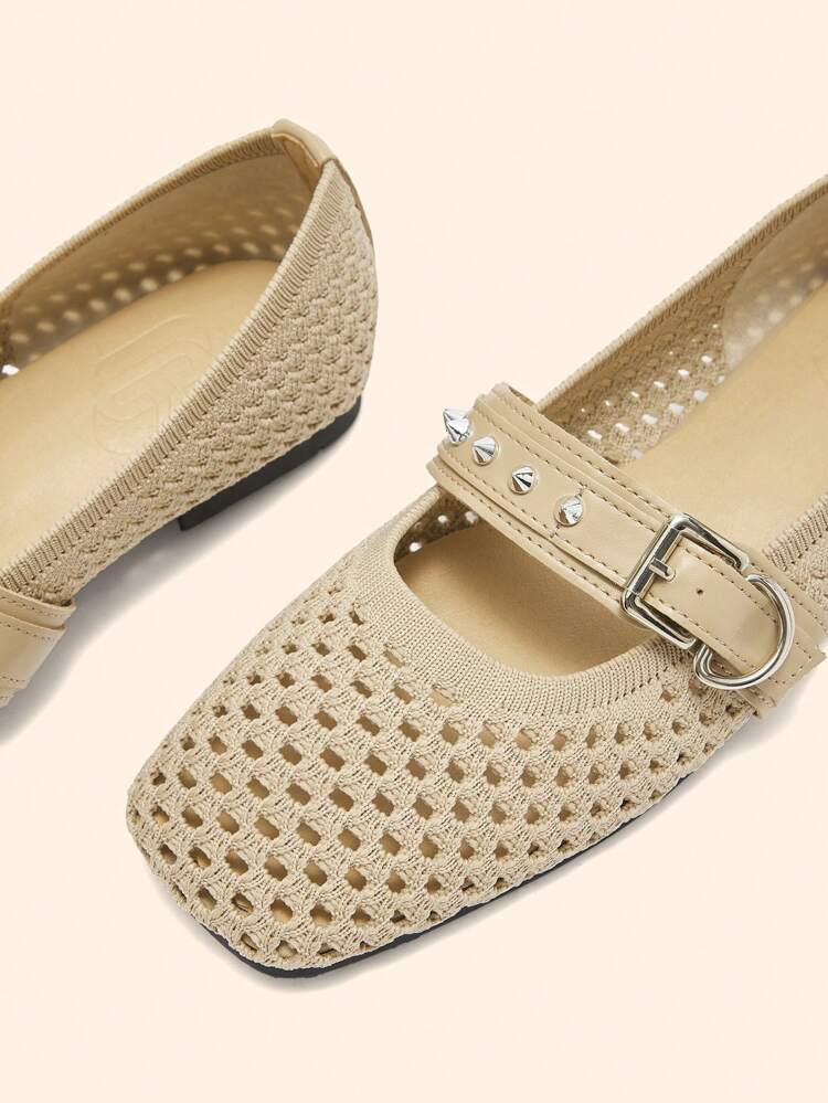 CUCCOO BASICS Casual Fashion Apricot Color Rivet Decor Hollow-Out Women Flats