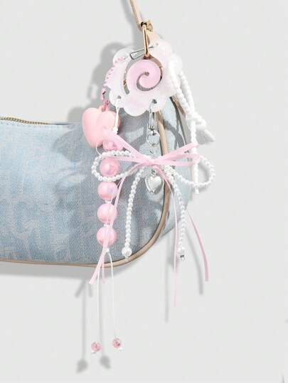 Kawaii 1 pièce Nœud papillon fait main mignon et délicat avec perle, perles acryliques colorées, décoration de poisson ajouré en forme de cœur, porte-clés et anneau porte-clés DIY, accessoire polyvalent convenant aux filles, femmes, port quotidien, cadeau