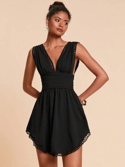 Travachic Guipure Lace Trim Plunging Neck Ruched Waist Dress