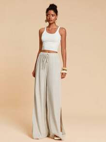 Travachic 繫腰帶開衩闊腿褲 - 卡其色 - 查看 4