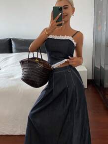 DAZY Conjunto de falda de línea A con tirantes de espagueti y encaje de contraste, ropa de resort casual de verano para damas, conjunto de jeans