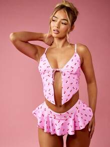 MISSGUIDED Bottom de bikini fruncida con estampado de cereza dulce, falda con volantes para playa y natación, traje de baño de vacaciones de verano, ropa de playa hawaiana