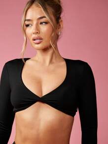 Missguided x Playboy Long Sleeve Wrap Style Ballet Dance Crop Top Cross Front Tie Back Modern Dance Studio Practice Wear With Thumb Holes Figure Hugging Performance Active Wear - Black - View 6