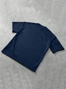 Manfinity Hypemode Men's Navy Blue Summer Casual Streetwear T-Shirt,Suede-Like Fabric Embossed Pattern,City Break Relaxed Dropped Shoulder Oversized Minimalist Tee - Navy Blue - View 5