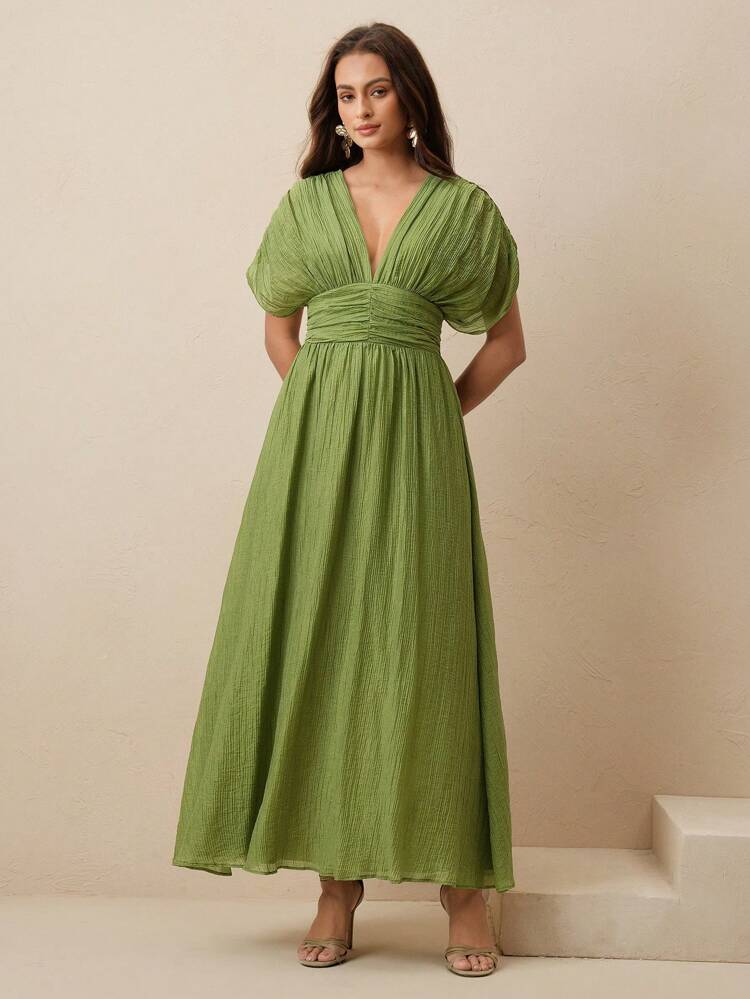 Anewsta Essential Women's V-Neck Ruched Waist Dress With Dolman Sleeves, Green, Suitable For Beach Vacation, Spring/Summer