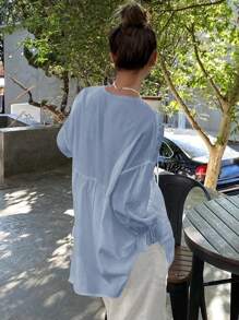 Livesso 夏季新款宽松休闲沙滩度假蝴蝶结吊带女式衬衫长袖上衣 - 藍色 - 查看 3