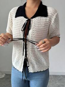 Chiquease French Minimalist Casual Short Sleeve Knitted Cardigan With Polo Collar For Women - Black and White - View 5
