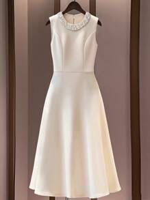 Franclia Women's Elegant Sleeveless Floral Sequins Patchwork Round Neck Dress, Summer - Apricot - View 1