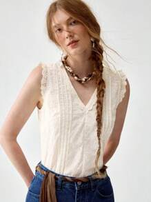 Florisole Women's V-Neck Bohemian Embroidered Casual Tank Top - Apricot - View 7