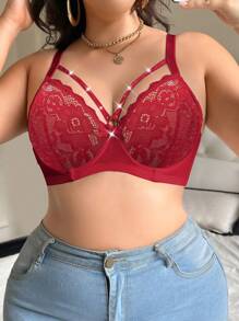 1pc Plus Size Women Lace Push Up Underwire Bra - Red - View 4