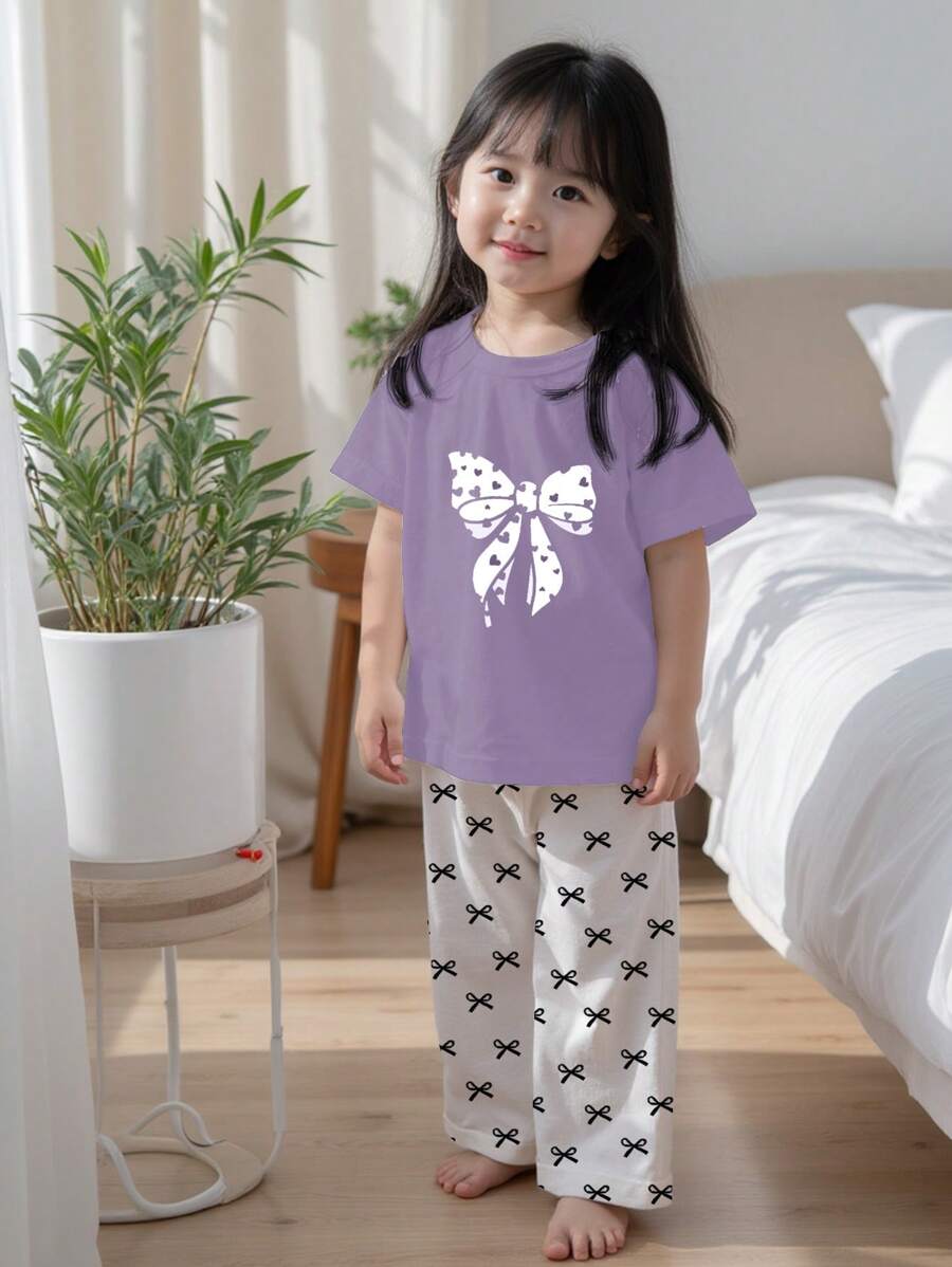 Young Girls Casual Fitted Round Neck Short Sleeve Pants Pajamas Set, Suitable For Summer - Multicolor - View 1