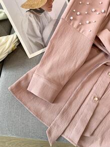 Modelyn Women's Faux Pearl Decor Long Sleeve Single-Breasted Arabian Style Blouse